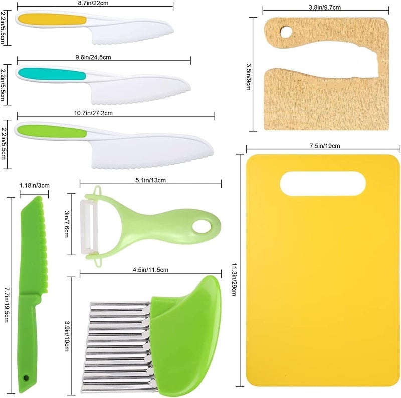LeKing 8 Pcs Wooden Kitchen Knife Set for Kids - Includes Safe Knives, Serrated Plastic Knives, Potato Slicers, Sandwich Cutter, Peeler and Cutting Board - Image 4